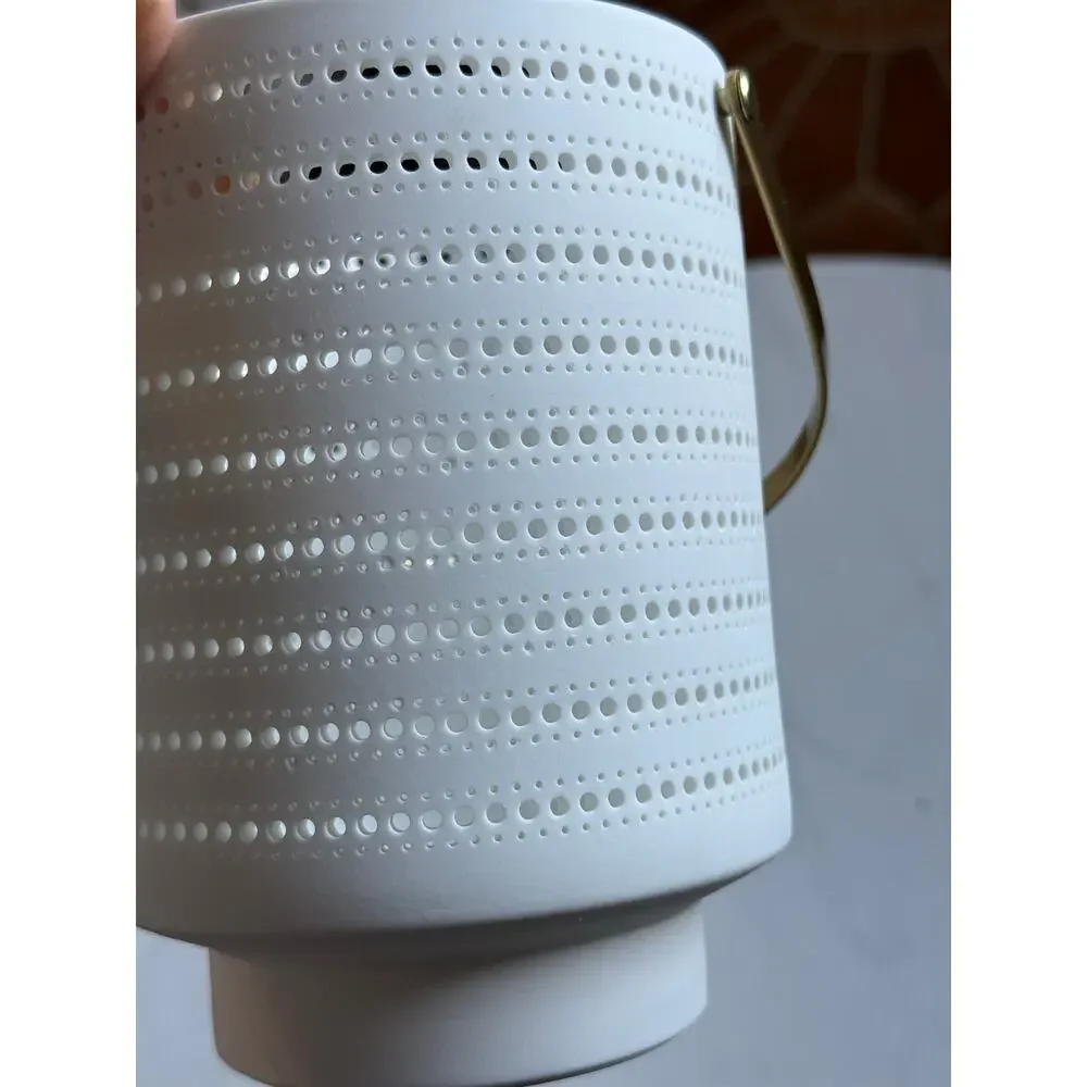 West Elm White Porcelain Pierced Hurricane Candle Holder Lantern Gold Handle